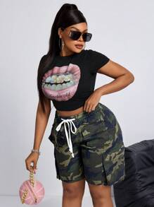 SHEIN SXY Plus Size Women Drawstring Waist Casual Denim Camouflage Cargo Capri Pants - Multicolor - View 4