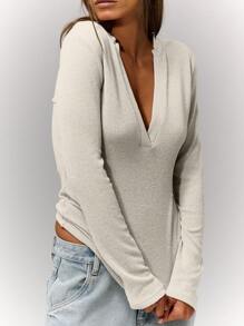 MUSERA Notch Neckline Long Sleeve Fitted Top Casual Vacation Airport Holiday  Back To School  Winter ,Elegant Spring Summer - Beige - View 5