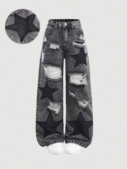 SHEIN Girlism Y2K Grunge Punk Girls' Loose Fit Distressed Star Patched Contrast Color Wide Leg Boy Friend Jeans, School,Streetwear