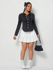 SHEIN Tall Women's Button Front Black Denim Shirt - Black - View 3