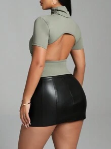 Zolique 女士露背高领镂空休闲简约短袖上衣 - 橄欖綠 - 查看 2