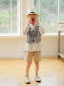 Souflis Souflis 3 件套年轻男孩日常绅士装：白色休闲衬衫、格子背心、松紧腰直筒短裤，春秋 - 彩色 - 查看 3