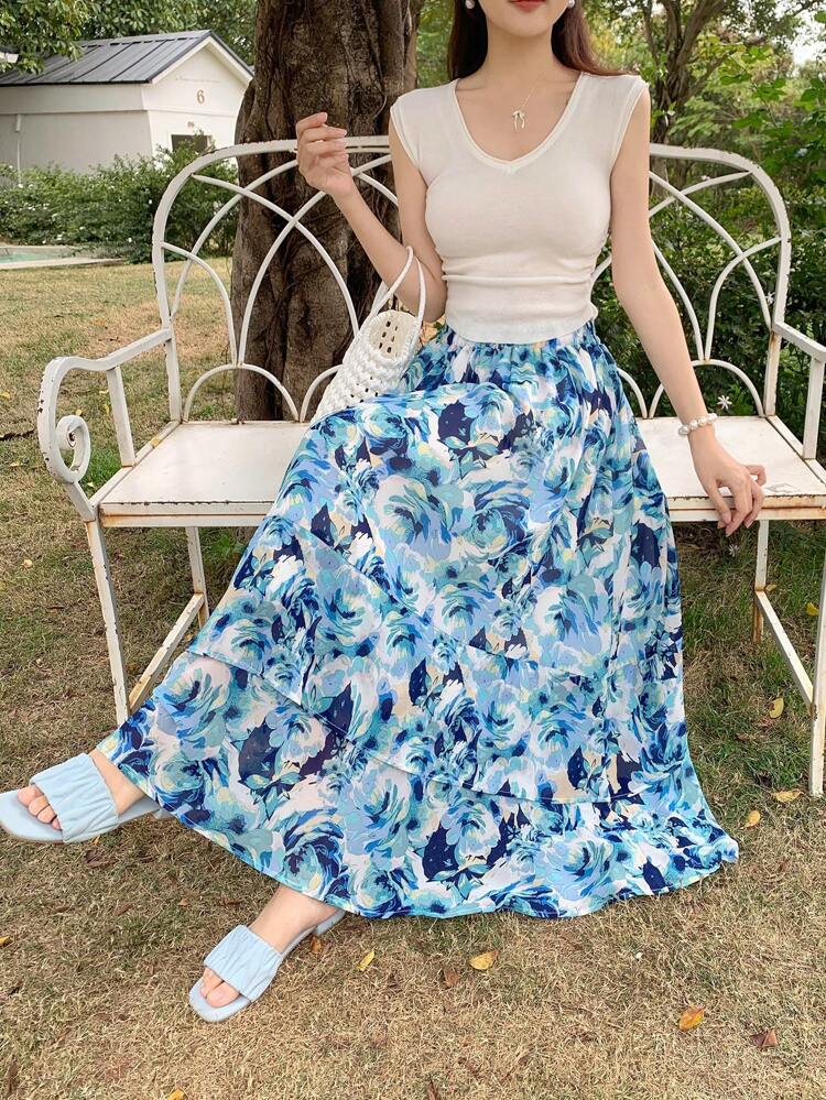 Women's Mid-Length Full Floral Print A-Line Skirt, Korean Style Fall Skirts Boho