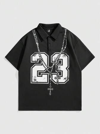 Grunge Punk Chemise polo ample imprimée pour hommes, style de rue vintage
