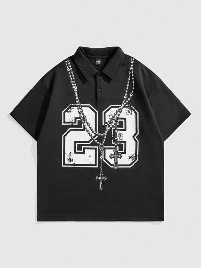 Grunge Punk Men's Grunge Printed Loose Polo Shirt, Vintage Street Style