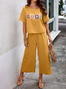 SHEIN LUNE Conjunto de 2 piezas para mujer con mangas cortas y diseño patchwork de estilo bohemio