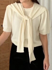 DAZY Blusa de manga corta para mujer de punto, unicolor melocotón, para primavera/verano - Albaricoque - Ver 5