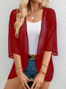 SHEIN Essnce Casual Solid Color Sheer Batwing Sleeve Jacket - Red - View 3