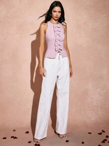 Poéselle Parte superior ajustada romántica sin mangas con lazo central rosa en el frente - Uso diario simple y elegante, tops para el Día de San Valentín, tops de primavera, tops coquetos, tops de verano lindos