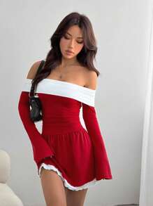 SHEIN EZwear Women's Contrast Color Off Shoulder Long Sleeve Ruched Fashionable Short Dress - Burgundy - View 4