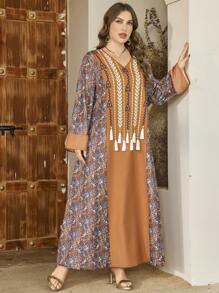 Al Najma Plus Size V-Neck Digital Printing Tassel Dress, Elegant Arabic Style - Multicolor - View 1
