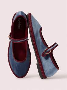 CUCCOO DOLLMOD Zapatos planos de estilo Mary Jane de terciopelo azul medianoche, elegantes y cómodos - Neblina azul - Ver 2