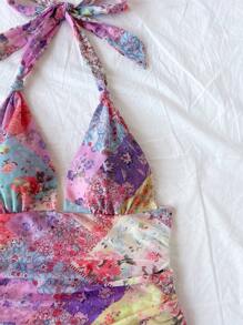 Soleia Sweet Romantic Ditsy Floral Color Block Patchwork Halter V-Neck Drawstring Mesh Ruched Vacation Mini Dress For Ladies, Suitable For Holiday, Music Festival, Bohemian, Date, Afternoon Tea, Spring/Summer - Multicolor - View 4