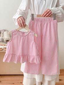 SHEIN LMoss Kids LMoss 2pcs/Set Young Girl Woven Plain Collared Fitted Casual Shirt With Woven Loose Pants - Multicolor - View 2