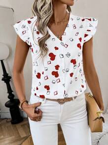 SHEIN LUNE Valentine's Day Heart Print Cap Sleeve Blouse - White - View 3