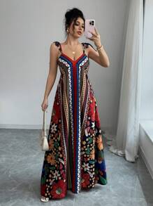 Breezaya Women's Casual Personalized Placement Print Spaghetti Strap Maxi Length Holiday Dress - Multicolor - View 2