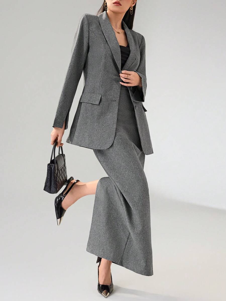 Heiryn 女士休闲通勤纯色夹克和裙子套装