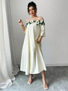 Elenzga Women's Floral Applique Decor Mesh Patchwork Long Dress - Floral Pattern Random