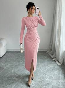 Elenzga Vestido Mídi Elegante de Trabalho e Transporte Feminino, Cor Sólida, Decote Redondo, Gola Dobrada, Manga Longa, Modelo Ajustado, Primavera/Outono/Inverno - Rosa chiclete - Visão 3