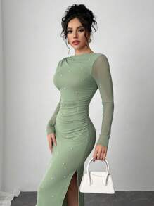 Firerie Đầm nữ cổ tròn tay dài màu trơn đính ngọc trai thanh lịch - màu xanh lá - Xem 6