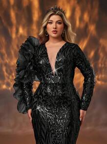 Glamrae 大码优雅浪漫圆领肤色网眼拼接亮片袖 3D 花卉鱼尾礼服，婚礼宾客礼服，适合婚礼庆典活动、派对礼服、晚礼服