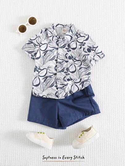 Cozy Pixies 男婴两件套植物花卉图案翻领短袖衬衫和松紧腰短裤