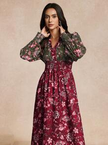 Chiquease 女士修身拼接印花连衣裙，优雅修身长款女士服装