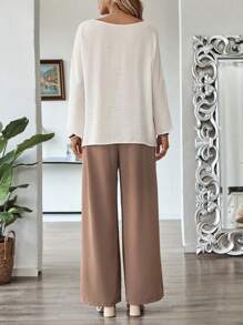 EMERY ROSE Set de 2 piezas de top y pantalones de unicolor para mujer, prendas de vestir casuales minimalista para uso diario