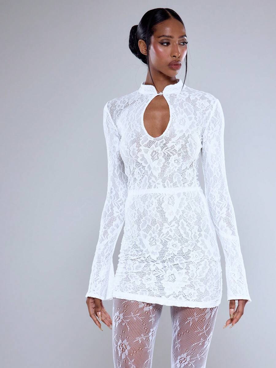 MUSERA 蕾丝镂空长袖迷你连衣裙，性感可爱，适合春季、夏季、圣诞派对，优雅别致 - 白色 - 查看 1