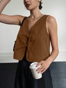 INAWLY Top de tirantes casual de unicolor con nudo delantero para mujer - Caqui - Ver 3