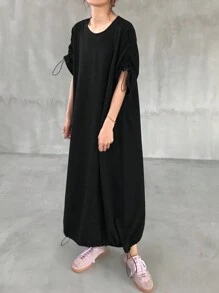 FRIFUL Women's Casual Drawstring Shoulder Decorative Hem Comfortable Versatile Sleeveless Midi Dress, Street Style Sundress