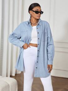 SHEIN ICON Blue Plus Size Denim Dress Casual Loose Long Sleeve Shirt Dress Casual And Comfortable, Fall Women Clothes - Light Wash - View 3