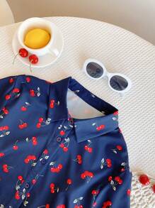 Comfortcana Camisa Solta de Manga Curta Casual com Estampa de Cereja Feminina, Verão Férias - Azul Royal - Visão 5
