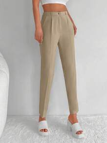 EURMUSE High Waist Button Front Cropped Suit Trousers - Apricot - View 4