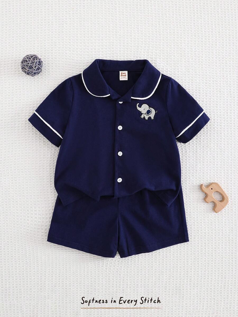 Cozy Pixies Set de 2 piezas de chaqueta de punto de manga corta con cuello de contraste y pantalones cortos de cintura elástica para bebé niño
