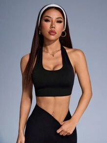 Easithlete Women's Solid Color Halter Neck Slim Fit Casual Blouse, Everyday Wear - Black - View 3