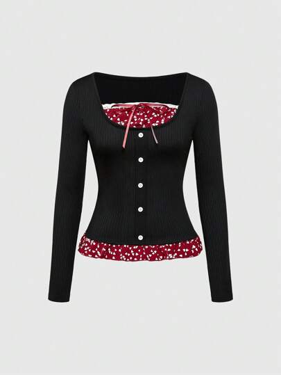 Kawaii Camiseta vintage de manga larga para mujer 2 en 1 de estilo retro dulce