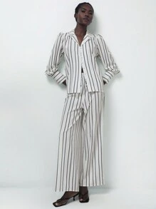 Aveloria Modichic 2 件套女士休闲时尚衬衫，翻领和纽扣衬衫 + 裤子，百搭条纹办公装 - 彩色 - 查看 7