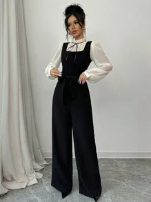 SHEIN PETITE Bộ đồ liền thân ống đứng cạp cao màu tương phản thanh lịch dành cho nữ kèm áo sơ mi 2 món - màu đen - Xem 3
