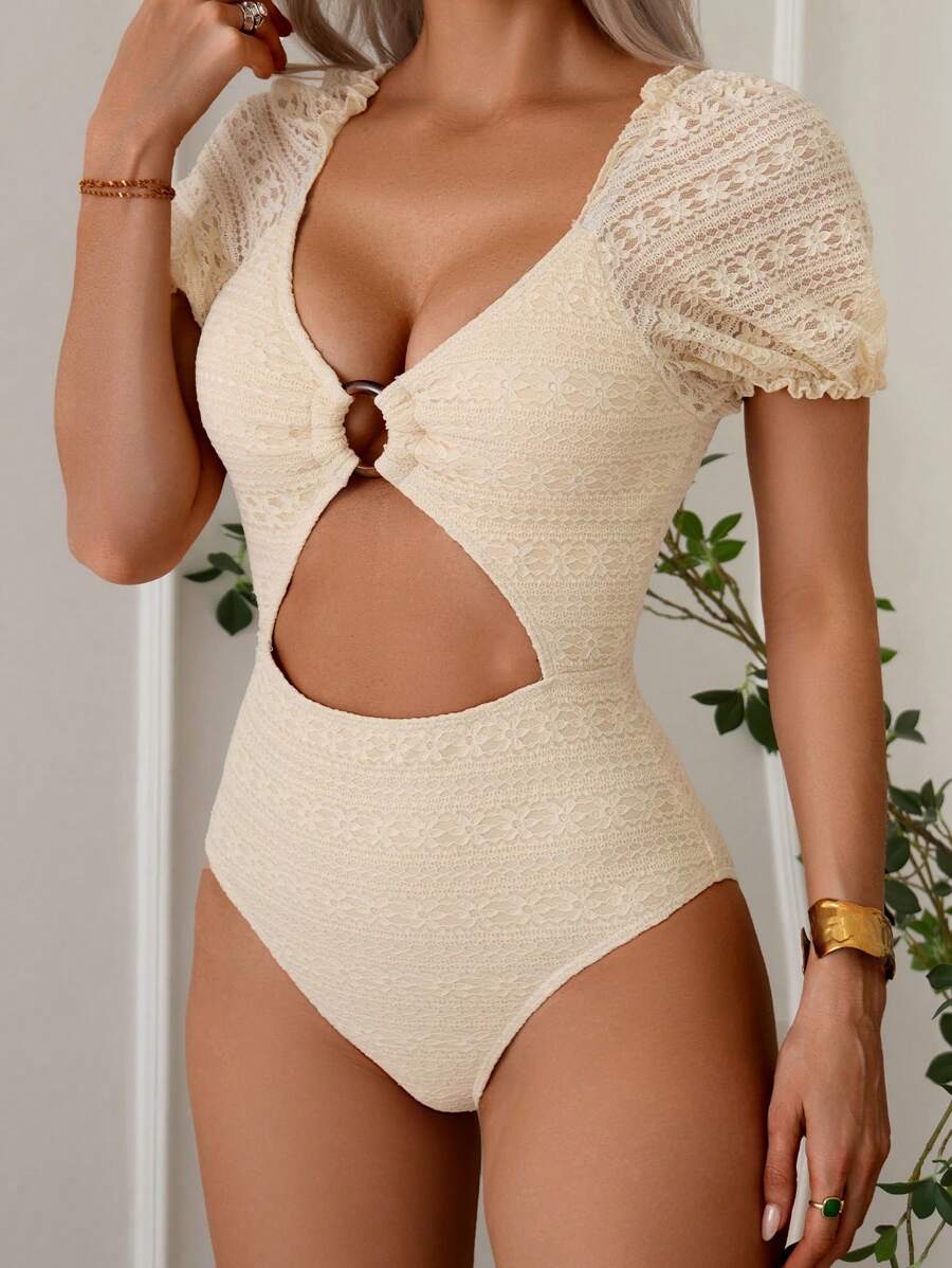 SHEIN Swim Solid Lace Puff Sleeve V-Neck Wireless One-Piece Swimsuit, Cute Swimwear For Women For Summer Beach Vacation