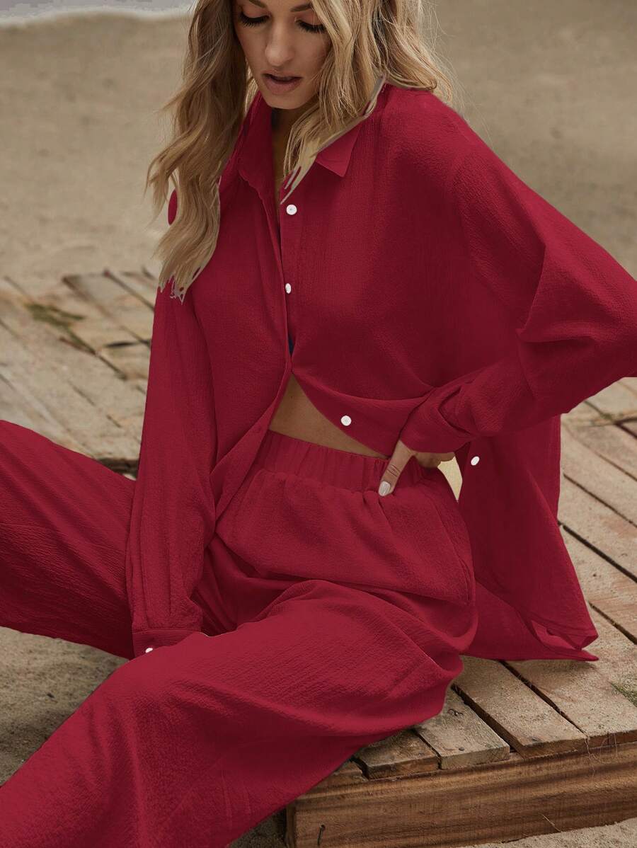 SHEIN LUNE Bộ đồ thường ngày cho nữ áo cánh dài tay trễ vai và quần dài - Màu Đỏ Sâu - Xem 1