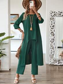 EMERY ROSE 2pcs/Set Women Solid Color Uneven Hem 3/4 Sleeve Top And Pants Outfit - Dark Green - View 4