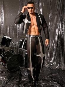 FeverCity Men's Loose Mesh Panel Cropped Long Sleeve Blazer Set - Black - View 1