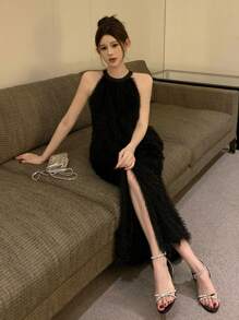 DAZY 女士优雅通勤吊带上衣和 A 字裙 2 件套夏季舞会礼服 - 黑色 - 查看 2