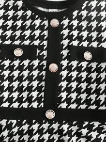SHEIN Firerie Kids Váy dệt kim cổ tròn tay ngắn họa tiết Houndstooth chắp vá cho bé gái tuổi mới lớn, trang phục thường ngày khi trở lại trường - Đen và trắng - Xem 6
