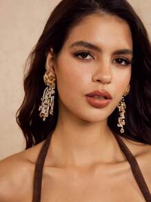 SHEIN BAE Fashionable Exaggerated Fluffy Leopard Print Tassel Crystal Beads Drop Earrings, Vintage Style, Unique Design