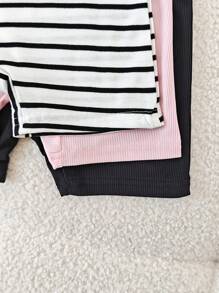 SHEIN 3pcs/Set Infant Baby Girl Casual Versatile Soft & Gentle Jumpsuit, White, Pink, Striped Suspender 3 Outfit Sets, High Cost Performance, Suitable For Home Or Outing In Spring And Summer - Black and White - View 6