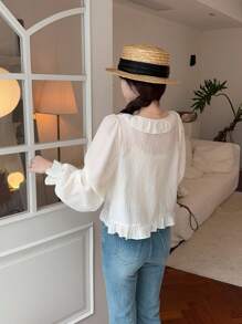 DAZY Áo cánh dài tay họa tiết bèo nhún thường ngày cho nữ mùa hè, quần áo mùa thu - Màu be - Xem 7