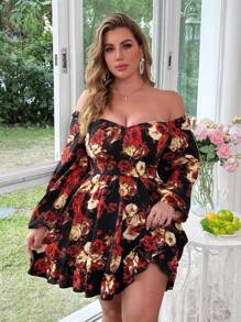 Flirla Floral Print Romantic Sweet Chiffon Mini Dress With Long Sleeve - Multicolor - View 3