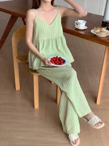 DAZY Women's Striped Camisole And Straight Pajama Pants Sleepwear Set - Green - View 5